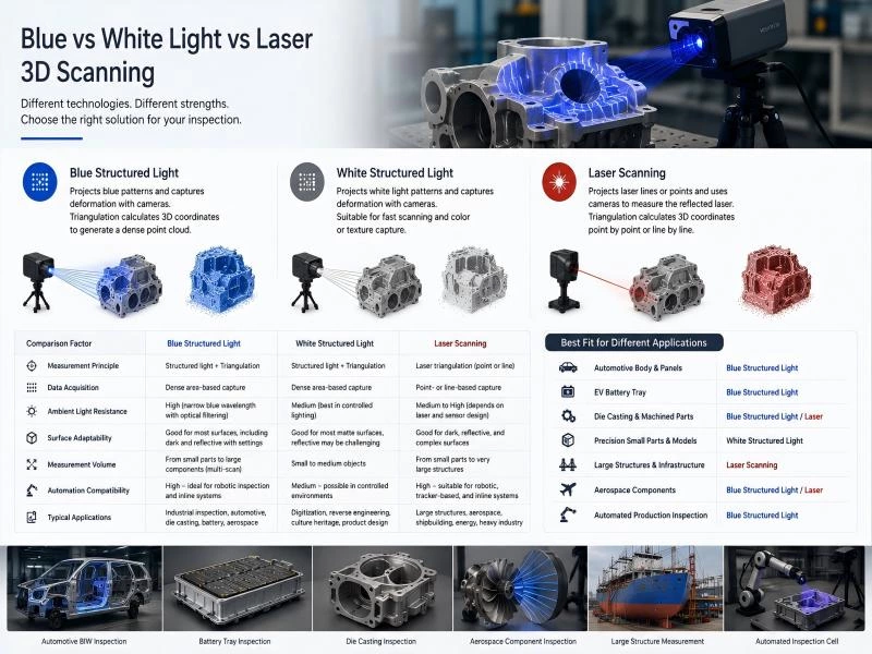 Blue vs White Light vs Laser 3D Scanning: Which Technology Fits Your Industrial Inspection Needs?
