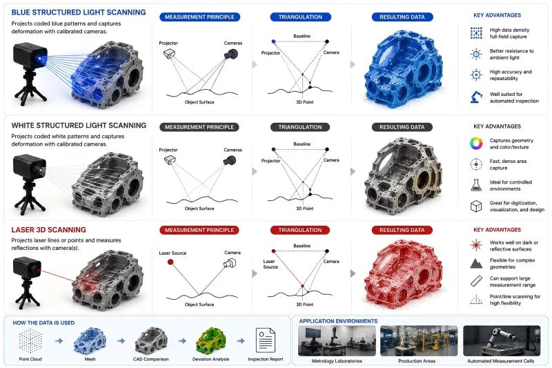 Blue vs White Light vs Laser 3D Scanning: Which Technology Fits Your Industrial Inspection Needs?