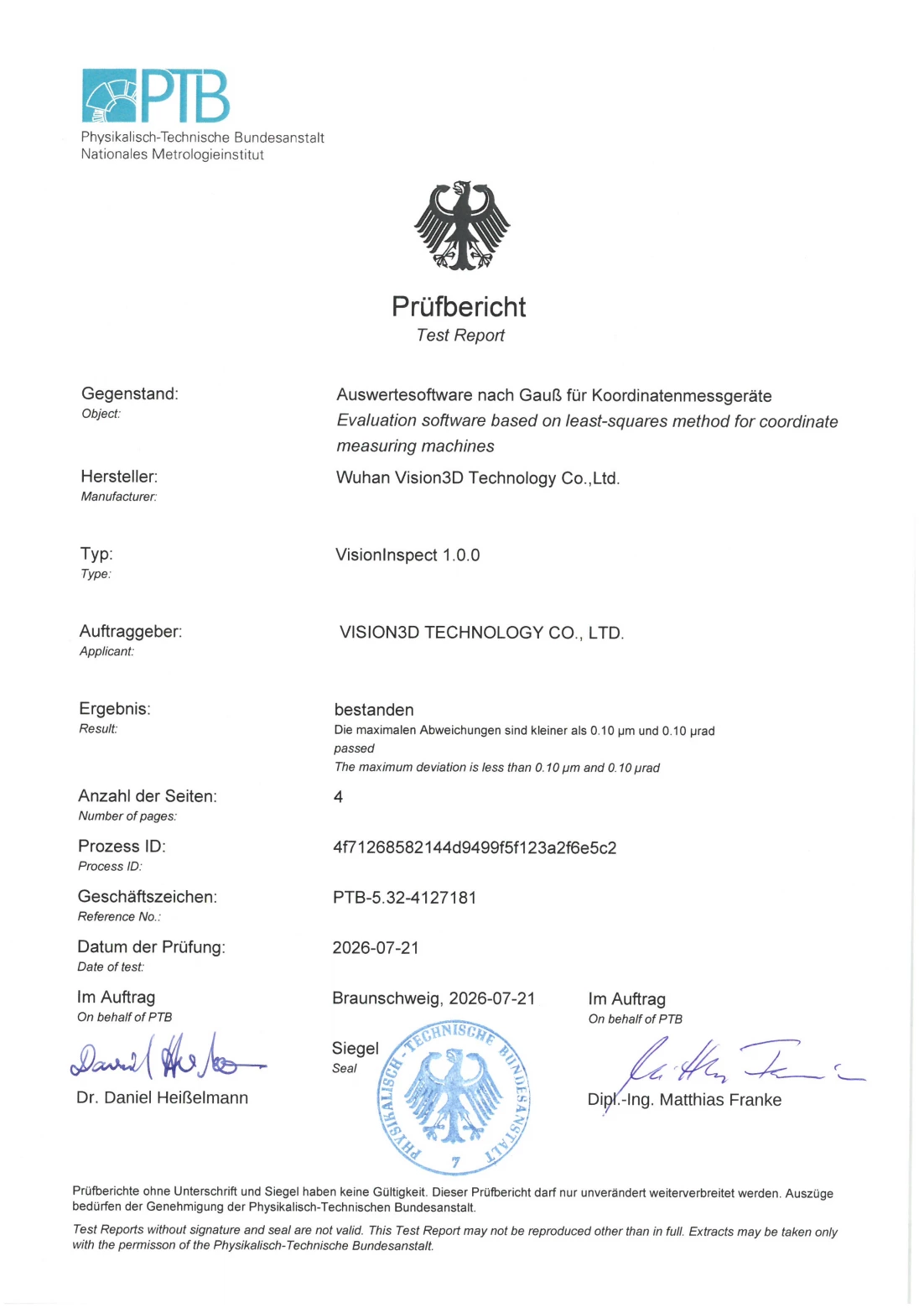 PTB Algorithm Conformance Test Certification